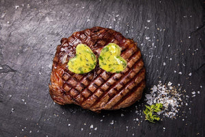 
                  
                    Load image into Gallery viewer, Sharing Ribeye Steak with Heart-shaped Garlic &amp;amp; Herb Butter - 21 Day Matured (420g) - JW Galloway
                  
                